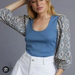 Anthropologie - Dolan Women's Top with Blue and Patterned Sleeves